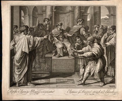 Elymas (also known as Bar-Jesus) the magician is rendered blind by Paul in front of the proconsul of Cyprus. Engraving by C. Dubosc after Raphael.
