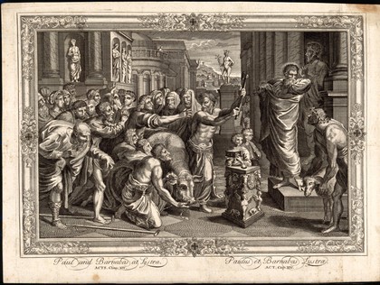 After healing a lame man, the apostles Paul and Barnabas are mistaken for gods at Lystra; the priest brings them a sacrifice of oxen. Etching after Raphael.