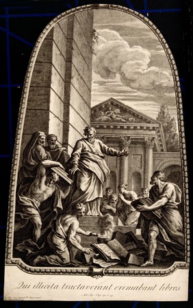 Residents of Ephesus burn their books on the magic arts before Saint Paul. Engraving, 18th century, after J. Thornhill.