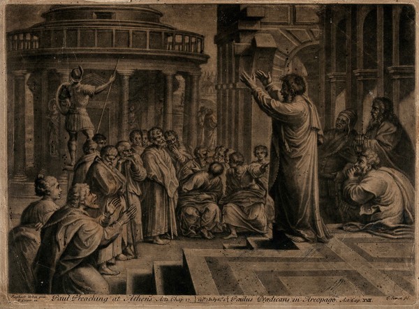 Saint Paul preaches before a crowd in Athens. Mezzotint by J. Simon after Raphael.