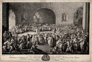 view Saint Paul preaches before a small group in a crowded forum in Athens. Etching by J.A. Bellanger, 1749, after himself.