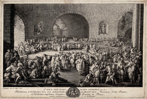 Saint Paul preaches before a small group in a crowded forum in Athens. Etching by J.A. Bellanger, 1749, after himself.