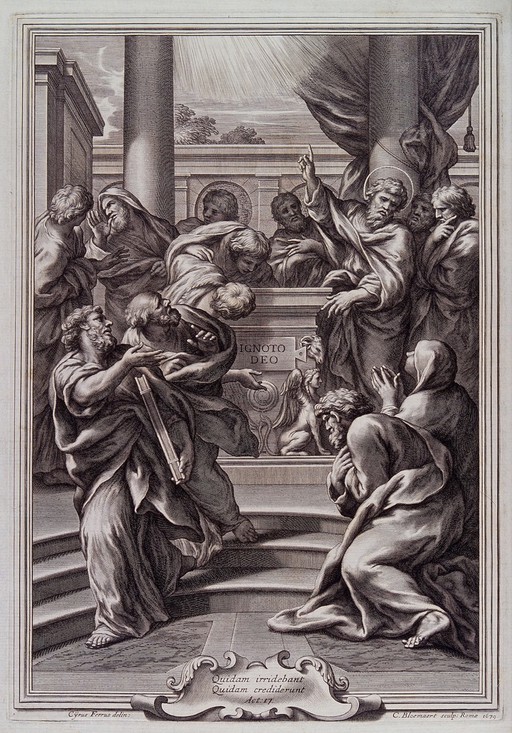 Paul tells the people of Greece about the last judgement; some mock and others believe. Engraving by C. Bloemaert, 1679, after C. Ferri.