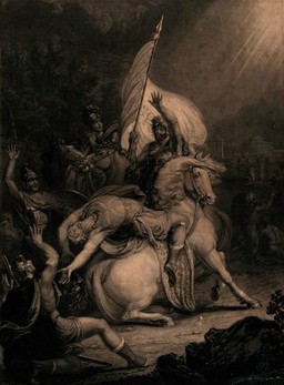 Paul undergoes a mystical experience on the way to Damascus; he falls from his horse. Mezzotint by G.H. Every after H. Dayes.