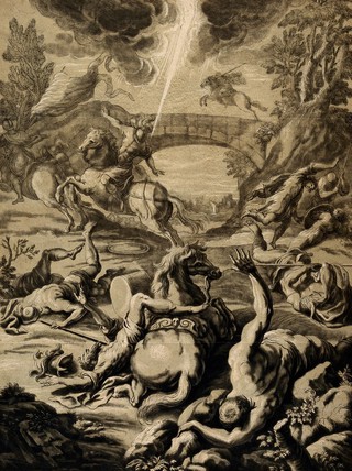 Paul undergoes a mystical experience on the way to Damascus; he falls from his horse. Mixed media colour print by E. Kirkall, 1723, after J. da Palma, il Giovane.