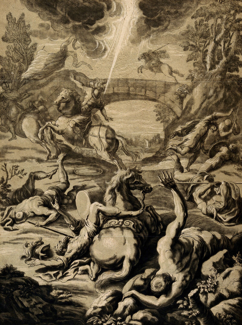 Paul undergoes a mystical experience on the way to Damascus; he falls from his horse. Mixed media colour print by E. Kirkall, 1723, after J. da Palma, il Giovane., 1723, by Palma il Giovane