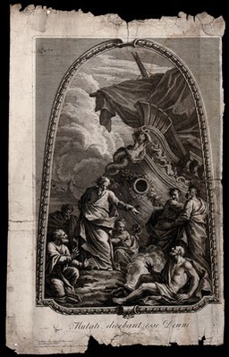 Saint Paul, shipwrecked on Malta, is attacked by a snake which he shakes off into a fire; it does not harm him and the onlookers take him for a god. Etching after J. Thornhill.