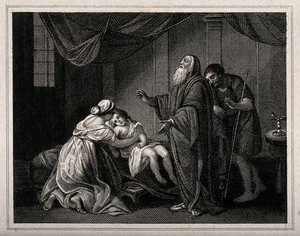 view Elijah prays to resuscitate the widow's son (?). Etching.