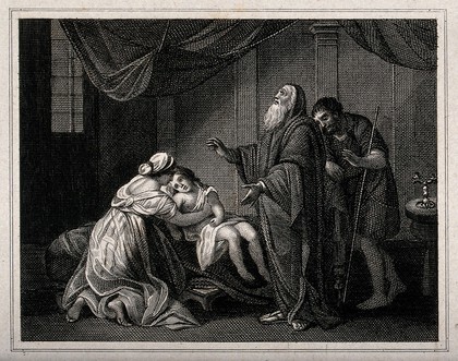 Elijah prays to resuscitate the widow's son (?). Etching.