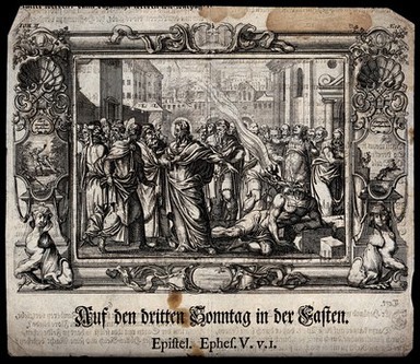 Christ heals a demoniac; a demon is expelled into the air. Etching.