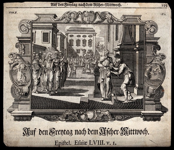 Christ and the apostles walk towards a man who is quietly giving alms to a beggar. Etching.