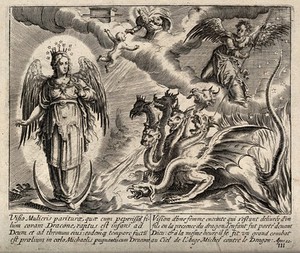 view The woman clothed with the sun is attacked by a seven-headed dragon; her child is ejected up to God: representing the 12th Book of Revelation. Engraving.