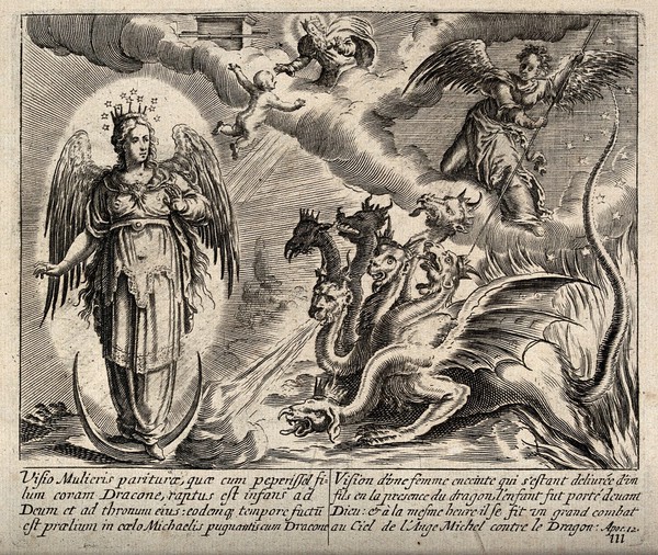 The woman clothed with the sun is attacked by a seven-headed dragon; her child is ejected up to God: representing the 12th Book of Revelation. Engraving.
