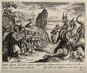 view The seven-headed beast is worshipped by men of all nations, as told in the Book of Revelations. Engraving.