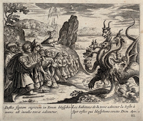 The seven-headed beast is worshipped by men of all nations, as told in the Book of Revelations. Engraving.