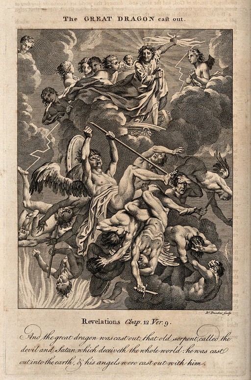 Lucifer's angels tumble out of heaven, their limbs entwined. Etching by R. Pranker.