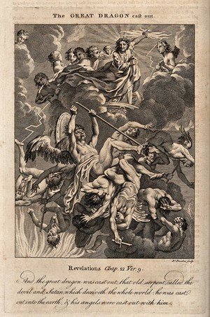 view Lucifer's angels tumble out of heaven, their limbs entwined. Etching by R. Pranker, 176-.