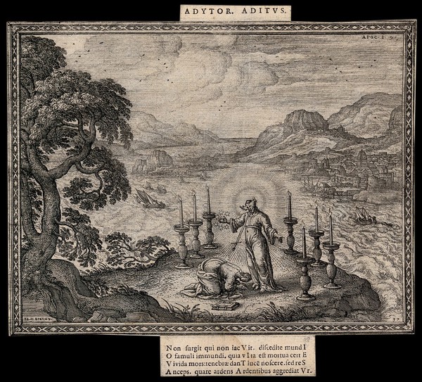 Christ appears to Saint John the Evangelist with eyes aflame and a sword in his mouth. Etching by P. van der Borcht.