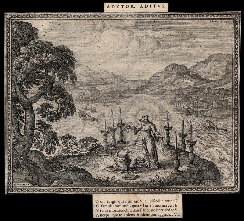 Christ appears to Saint John the Evangelist with eyes aflame and a sword in his mouth. Etching by P. van der Borcht., by Pieter van der Borcht