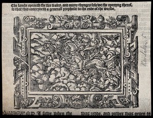 view The four horsemen of the Apocalypse galloping through the clouds. Woodcut, 16th century.