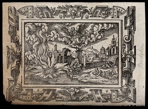 view Angels blow trumpets in heaven and fire descends on a river. Woodcut, 16th century.