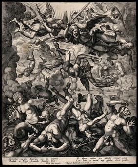 Fallen angels with animalized characteristics tumble from heaven under the sword of Michael. Engraving by R. Sadeler, 1583, after M. de Vos.