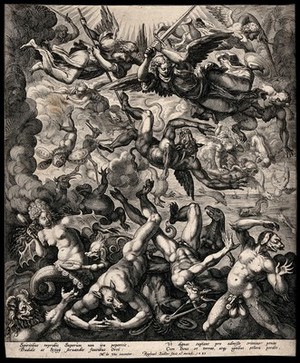 view Fallen angels with animalized characteristics tumble from heaven under the sword of Michael. Engraving by R. Sadeler, 1583, after M. de Vos.