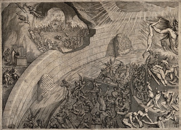 The levels of hell depicted as circular stone tiers; purgatory lies outside its walls. Engraving.