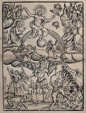 The archangel Michael, holding a flaming sword and the scales of justice; in heaven the angels kneel before Christ; representing the Day of Judgement. Woodcut.