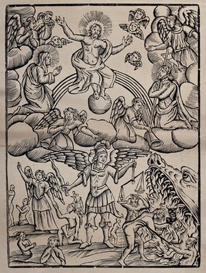 view The archangel Michael, holding a flaming sword and the scales of justice; in heaven the angels kneel before Christ; representing the Day of Judgement. Woodcut.