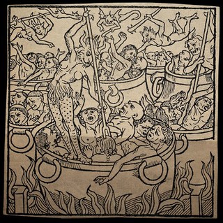 The damned writhe in boiling cauldrons; representing hell. Woodcut.