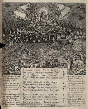 view The heavens open on the day of judgement; Christ appears above the coast of the Netherlands. Engraving, 16th century.