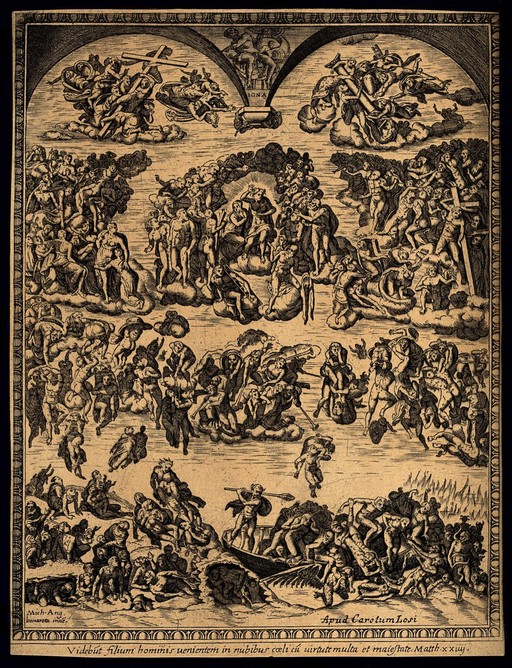 Christ appears in the skies on the day of judgement. Engraving after M. Rota after a fresco painting by Michelangelo Buonarroti in the Sistine Chapel, the Vatican, 1541.