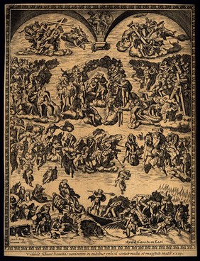 Christ appears in the skies on the day of judgement. Engraving after M. Rota after Michelangelo.