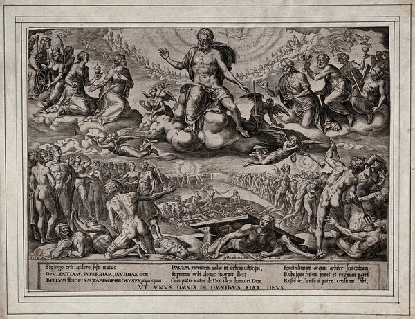 The graves open on the day of judgement; Christ, apostles and female saints look on. Engraving after M. Heemskerck, 1564.