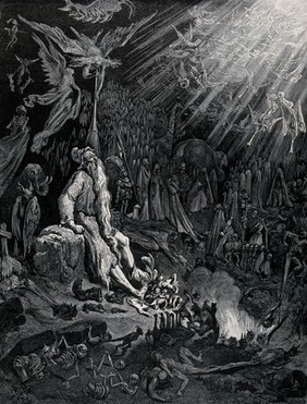 Ahasuerus (the Wandering Jew) man sits in hell among the shades, decrepit and tormented by Satan. Wood engraving by F.J. Gauchard after G. Doré, 1856.