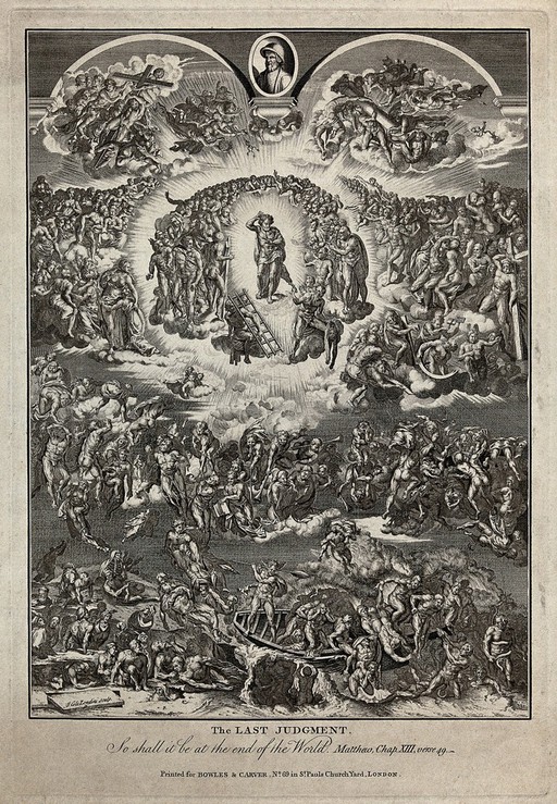 Christ appears in the skies on the day of judgement. Engraving by J. Cole after M. Rota after a fresco painting by Michelangelo Buonarroti, 1541, in the Sistine Chapel, the Vatican.