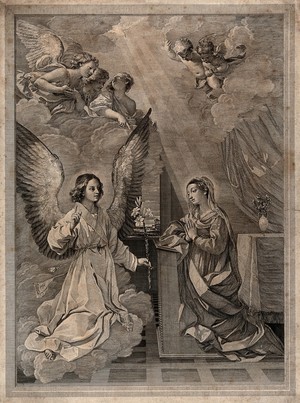 view The angel, announcing the birth of Christ, gives a lily to the Virgin. Engraving after G. Reni.