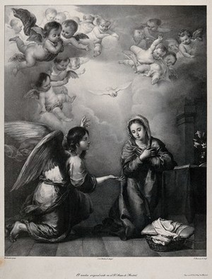 view The angel, announcing the birth of Christ, gives a lily to the Virgin. Lithograph by F. Decraene after B. Murillo.