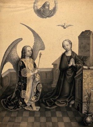 view The angel, announcing the birth of Christ, comes with a sceptre to the Virgin. Tinted lithograph by N.J. Strixner, 1821, after School of Meister Wilhelm.