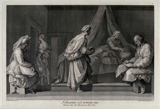 Zacharias (father of John the Baptist), struck dumb, writes that his son should be known as John. Etching by C. Tinti, 1771, after A. del Sarto.