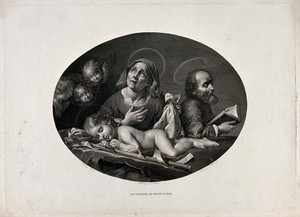 view The infant John the Baptist, sleeping. Engraving by Morel after Duchemin after C. Dolci.