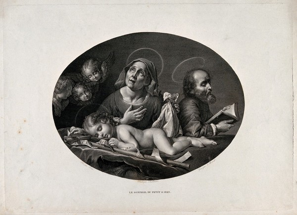 The infant John the Baptist, sleeping. Engraving by Morel after Duchemin after C. Dolci.