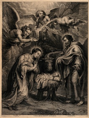 view The birth of Christ; the Virgin kneels before the manger. Engraving by S.A. Bolswert after P.P. Rubens.