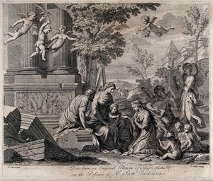 view The mystic marriage of Catherine of Alexandria and the infant Christ. Etching by C. Bouzonnet Stella after F. Lauri.