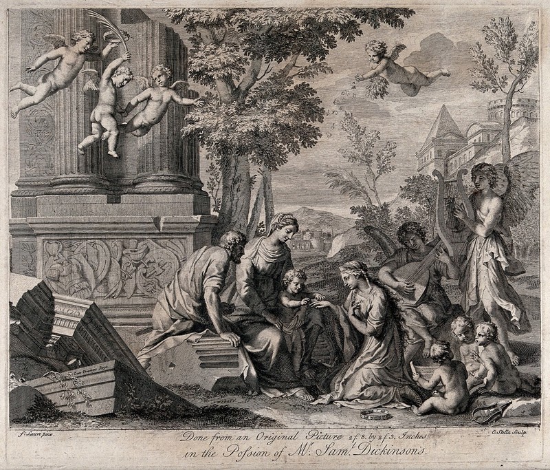 The mystic marriage of Catherine of Alexandria and the infant Christ. Etching by C. Bouzonnet Stella after F. Lauri., by Filippo Lauri