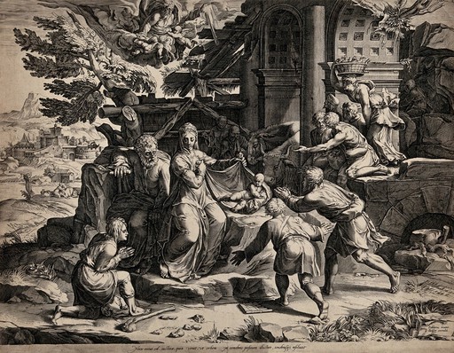 The birth of Christ amongst ruins. Engraving by J. Sadeler after P. Caldara.