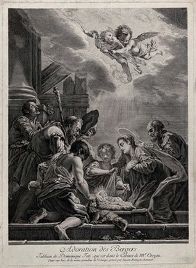 The adoration of the shepherds at the birth of Christ; a bound lamb is placed before the cradle. Engraving by S.F. Ravenet after D. Feti.