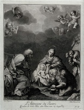 The adoration of the shepherds. Etching by F. Berardi after G. Magni after C. Dolci.