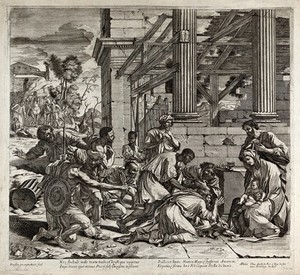 view The adoration of the magi next to a ruined temple. Etching by chevalier H. d'Avice after N. Poussin.